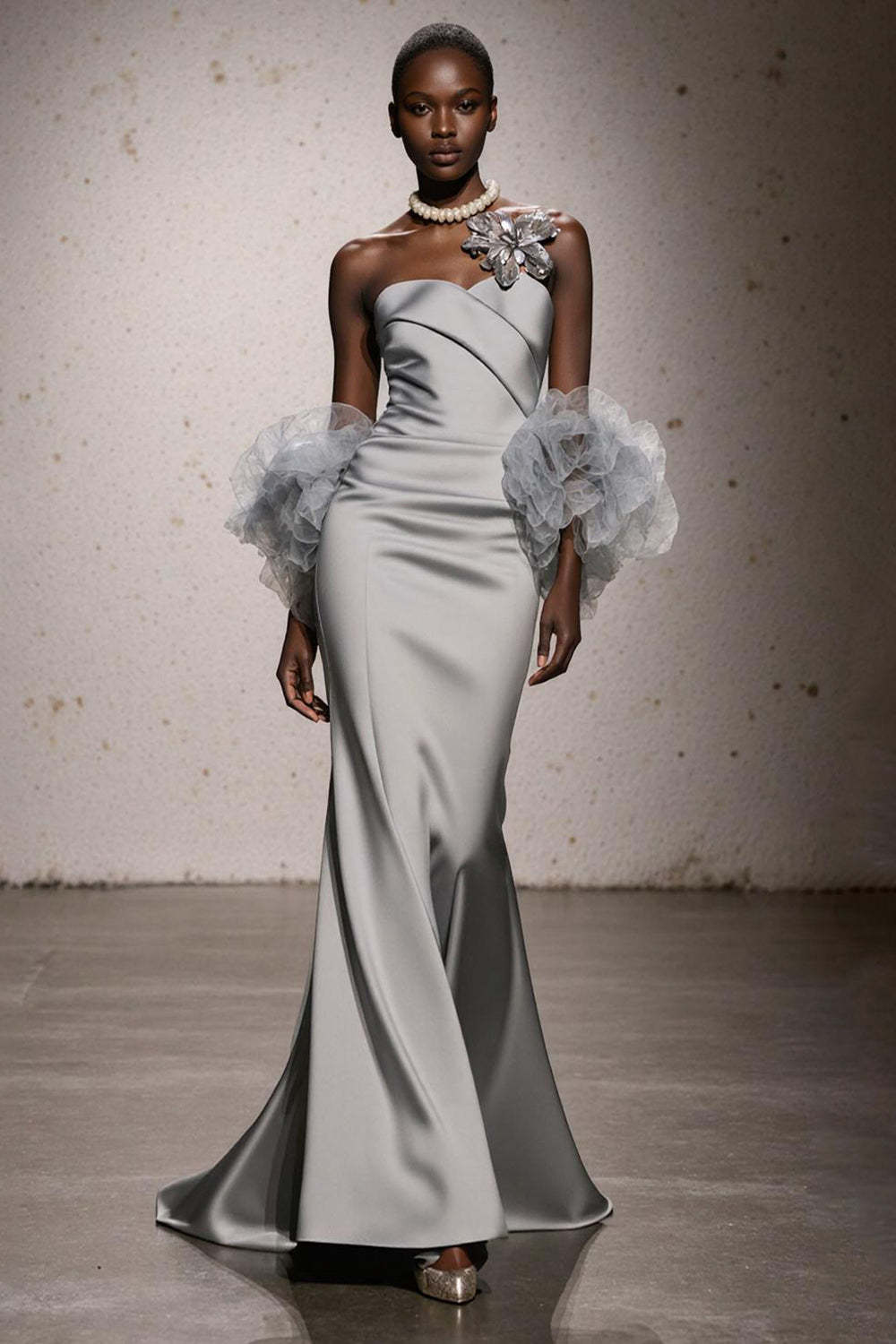 Leely Women Silver Ruched Satin Long Formal Dress Sweetheart Mermaid Wedding Guest Dress