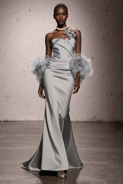 Leely Women Silver Ruched Satin Long Formal Dress Sweetheart Mermaid Wedding Guest Dress