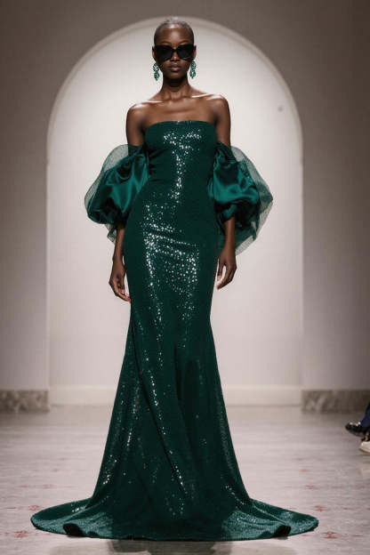 Leely Women Sparkly Dark Green Long Sequin Gala Dress with Sleeves Strapless Mermaid Holiday Party Dress
