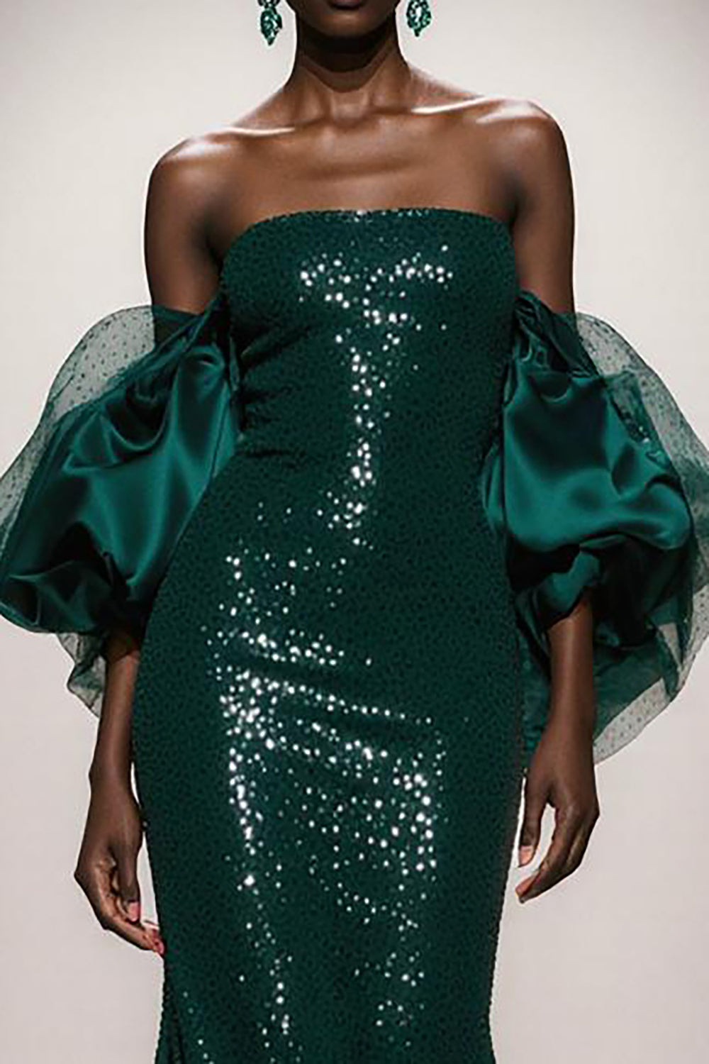 Sparkly Dark Green Strapless Mermaid Long Sequin Gala Dress with Sleeves