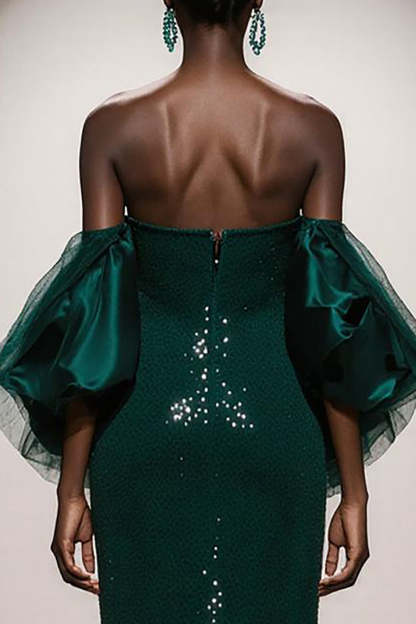 Sparkly Dark Green Strapless Mermaid Long Sequin Gala Dress with Sleeves
