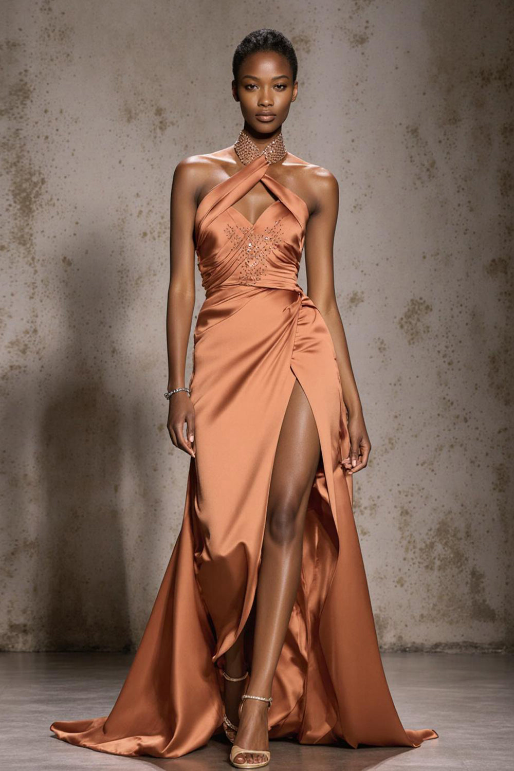 Sparkly Orange Halter Satin Mermaid Maxi Evening Dress with Beading