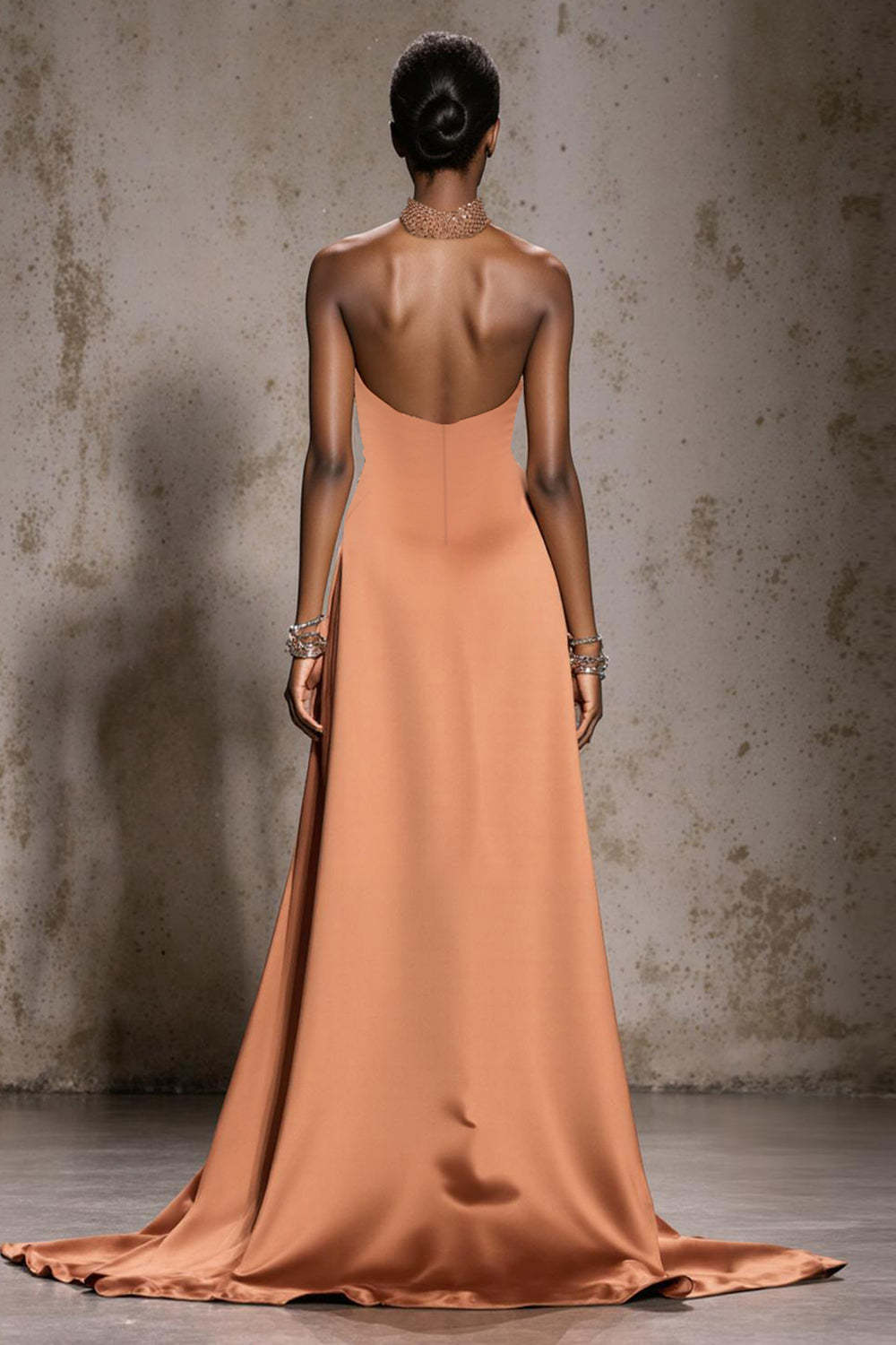 Sparkly Orange Halter Satin Mermaid Maxi Evening Dress with Beading