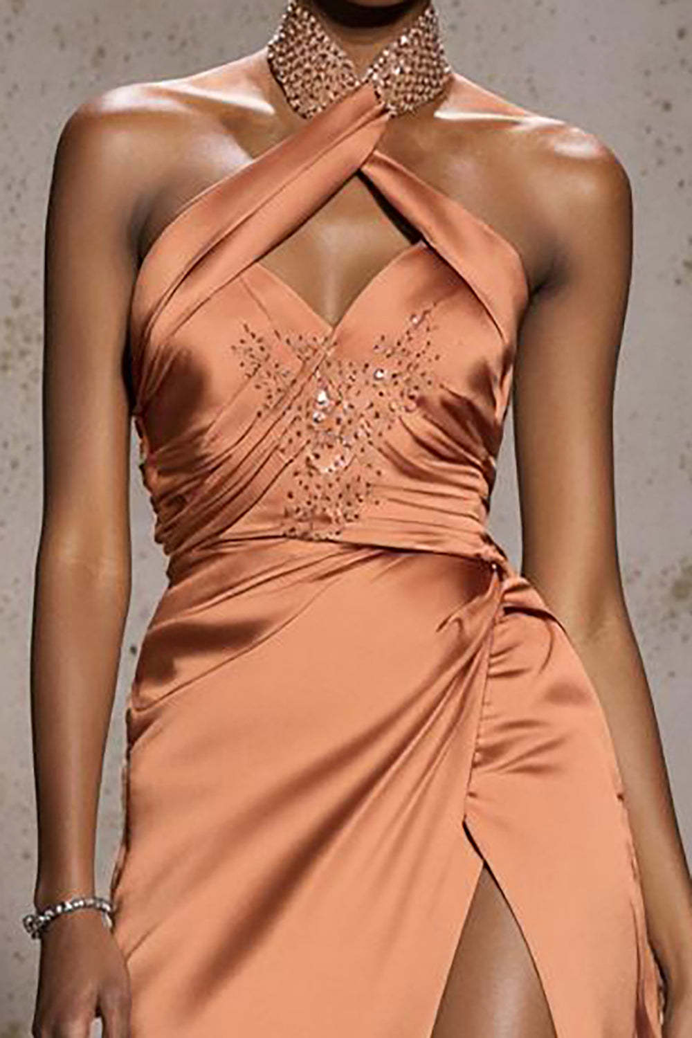 Sparkly Orange Halter Satin Mermaid Maxi Evening Dress with Beading