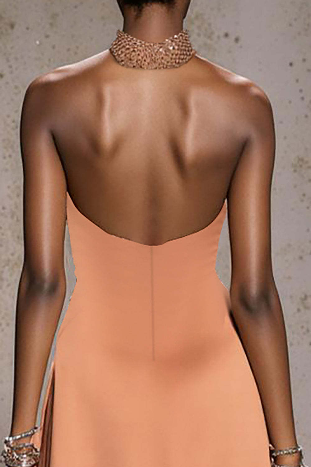 Sparkly Orange Halter Satin Mermaid Maxi Evening Dress with Beading