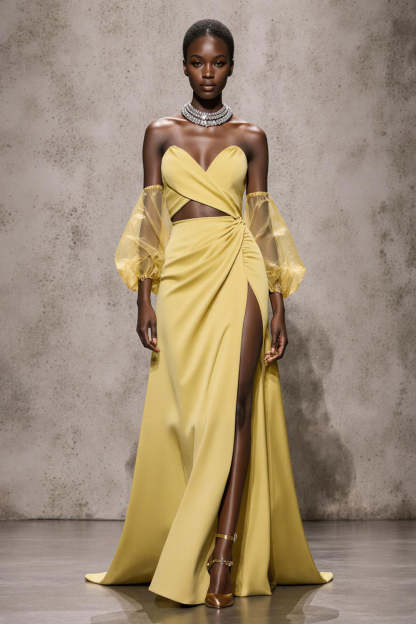 Leely Women Daffodil Mermaid Satin Long Formal Dress with Sleeves Yellow Sweetheart Cut Out Wedding Guest Dress with Slit