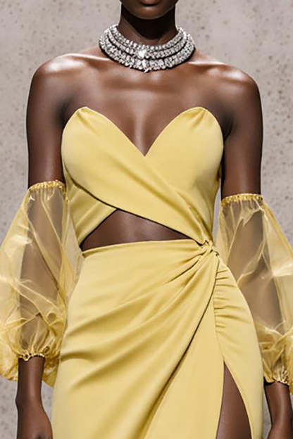 Daffodil Mermaid Sweetheart Satin Long Formal Dress with Sleeves