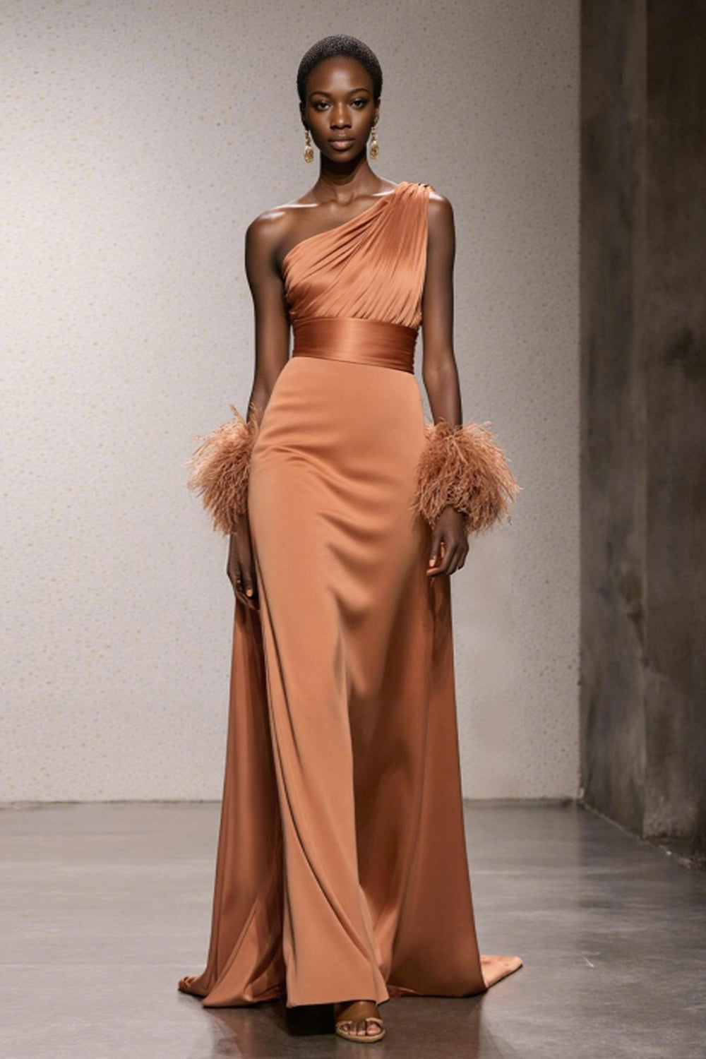 Leely Women Orange Satin Maxi Formal Dress with Feathers One Shoulder Mermaid Gala Dress