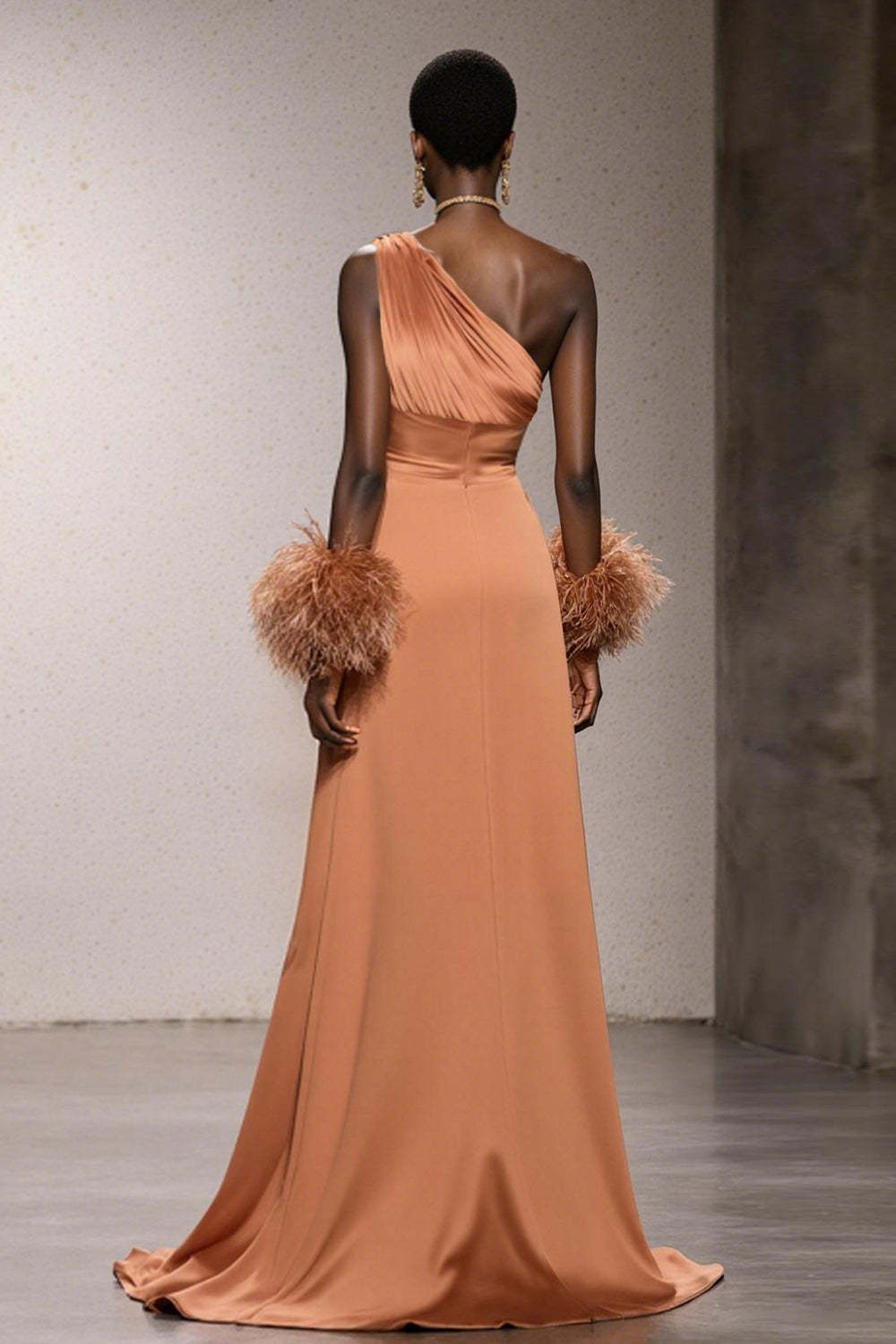 Orange One Shoulder Satin Mermaid Maxi Formal Dress with Feathers
