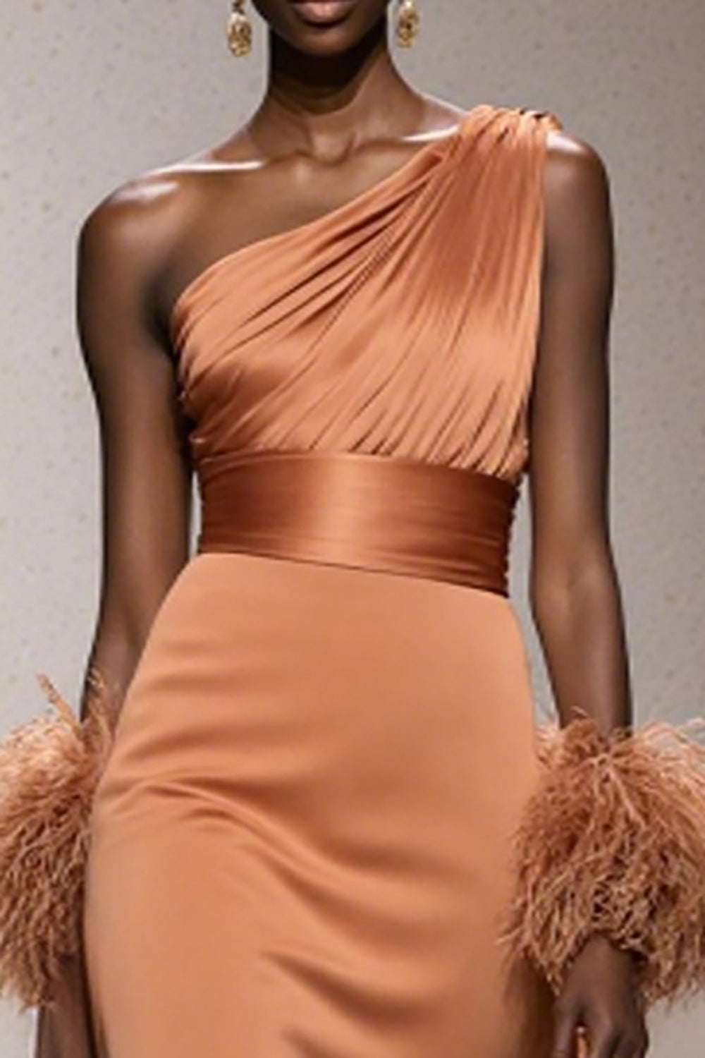 Orange One Shoulder Satin Mermaid Maxi Formal Dress with Feathers