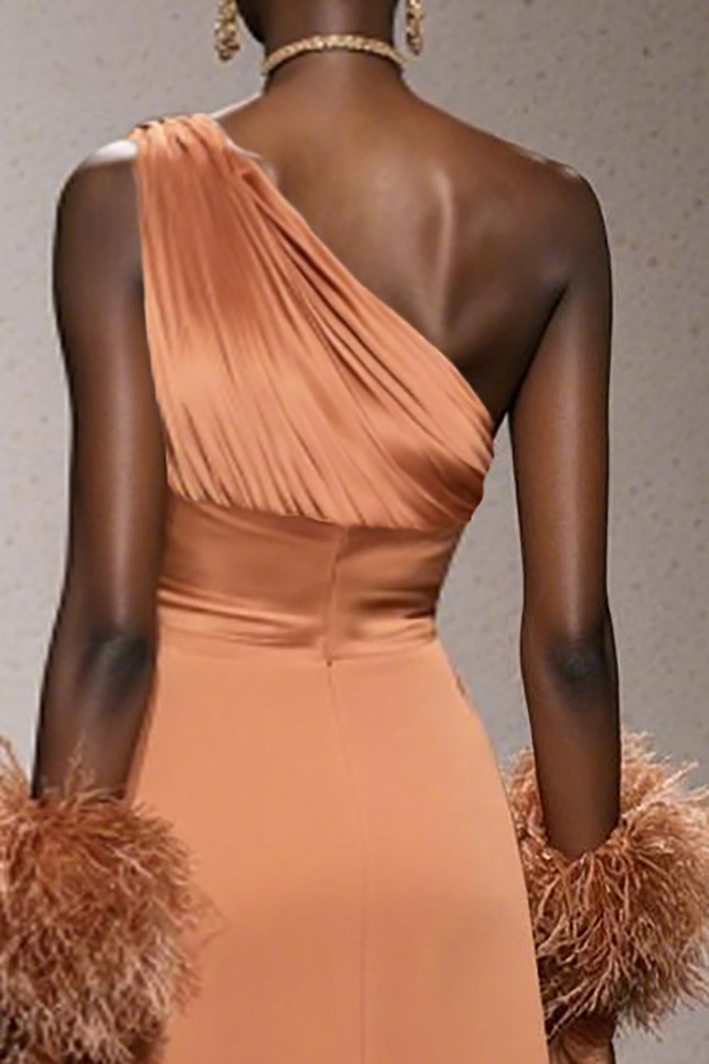 Orange One Shoulder Satin Mermaid Maxi Formal Dress with Feathers
