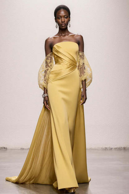 Leely Women Daffodil Ruched Satin Long Gala Dress with Sleeves Strapless Mermaid Formal Dress