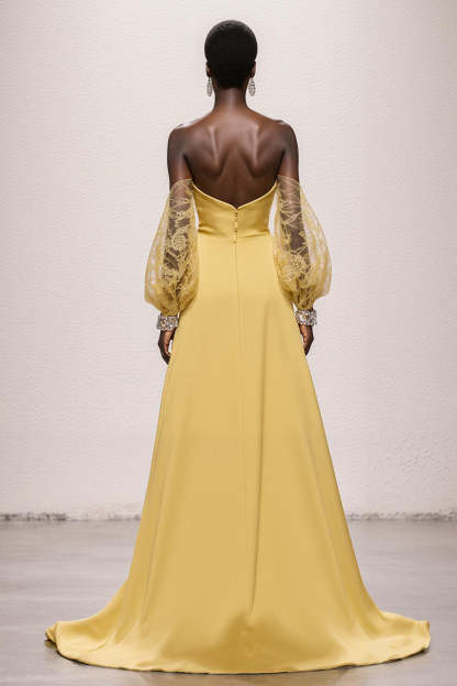 Daffodil Strapless Mermaid Satin Ruched Long Gala Dress with Sleeves