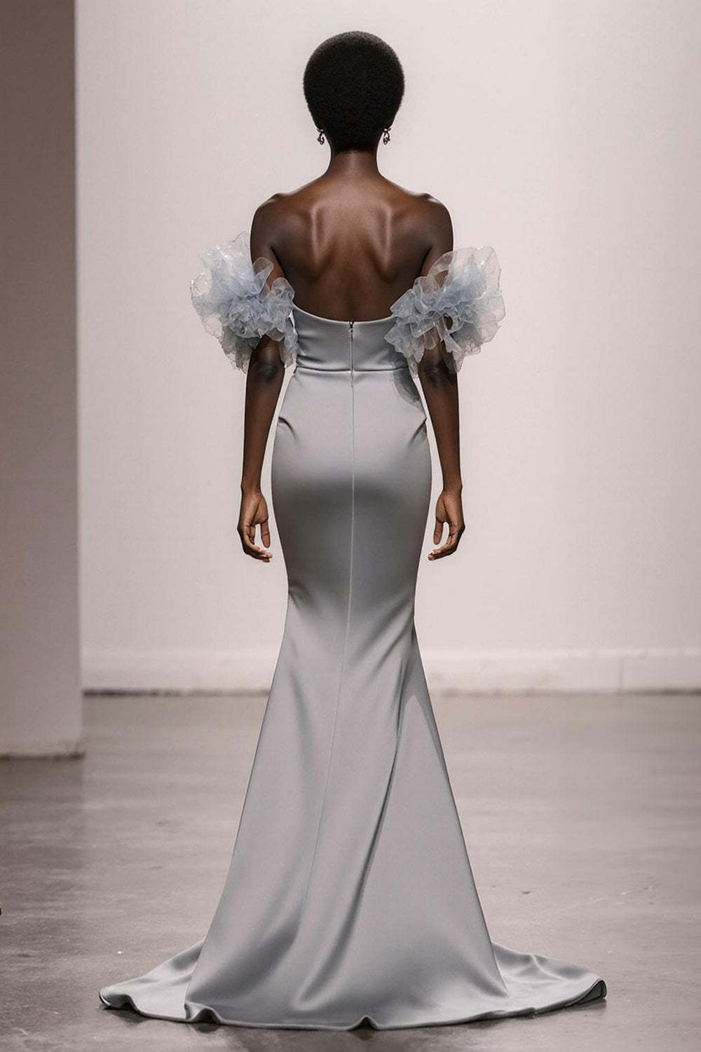 Sparkly Silver Off the Shoulder Satin Mermaid Maxi Gala Dress with Sequins