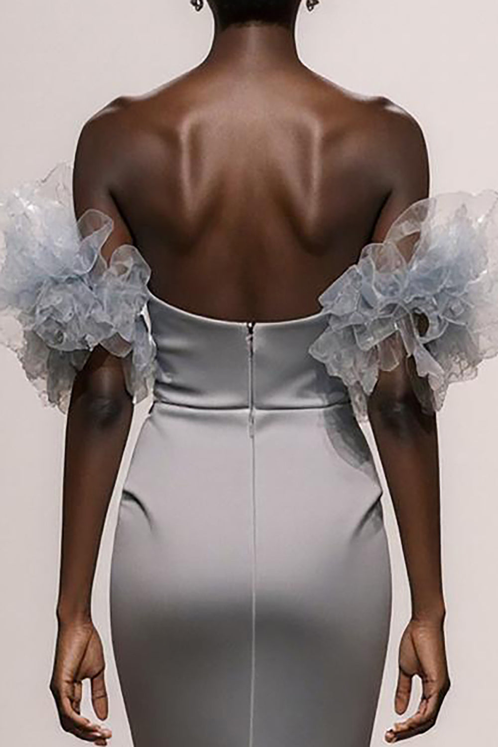 Sparkly Silver Off the Shoulder Satin Mermaid Maxi Gala Dress with Sequins