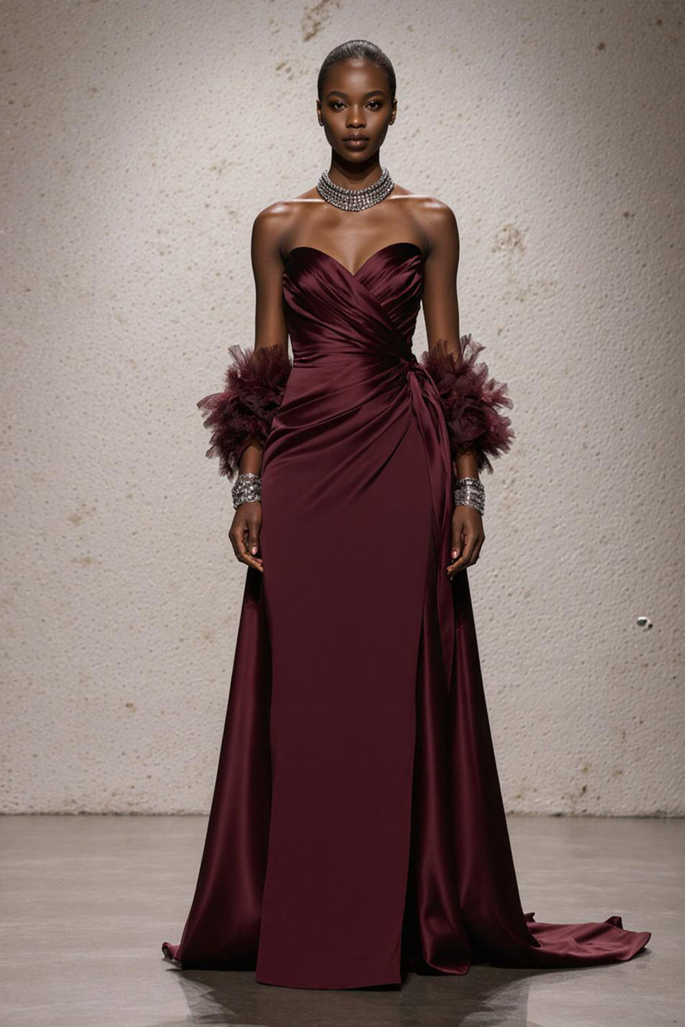 Leely Women Burgundy Ruched Satin Long Formal Dress Sweetheart Mermaid Holiday Party Dress