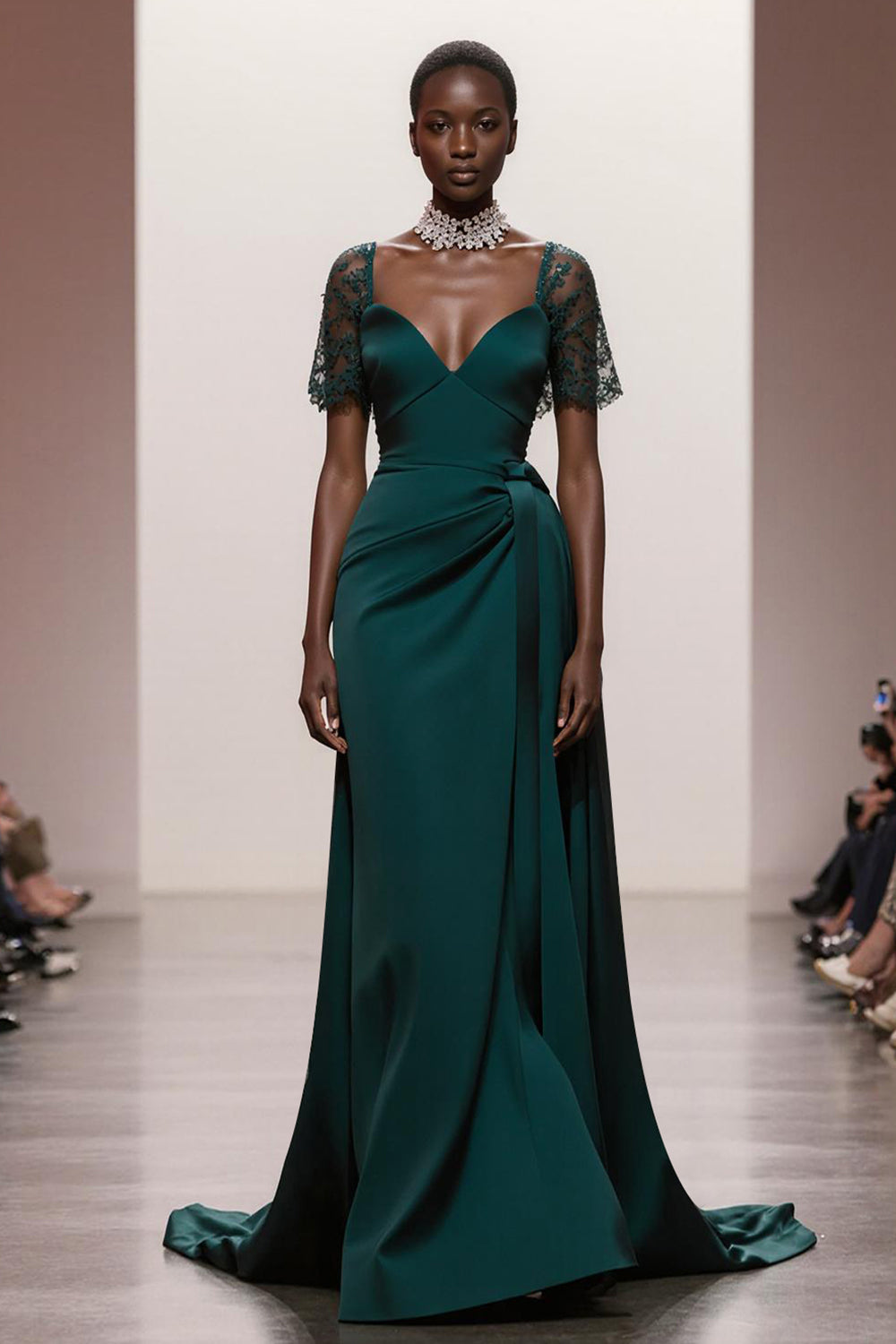 Dark Green Sweetheart Satin Mermaid Maxi Formal Dress with Sleeves