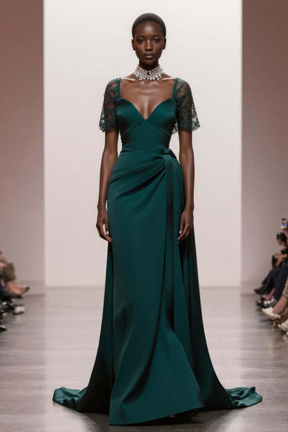 Leely Women Dark Green Satin Maxi Formal Dress with Sleeves Sweetheart Mermaid Holiday Party Dress