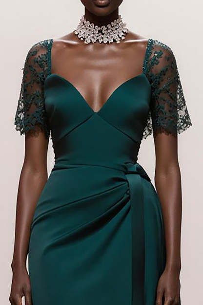 Dark Green Sweetheart Satin Mermaid Maxi Formal Dress with Sleeves