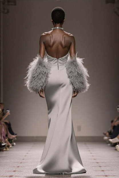 Silver Strapless Mermaid Long Satin Formal Dress with Slit