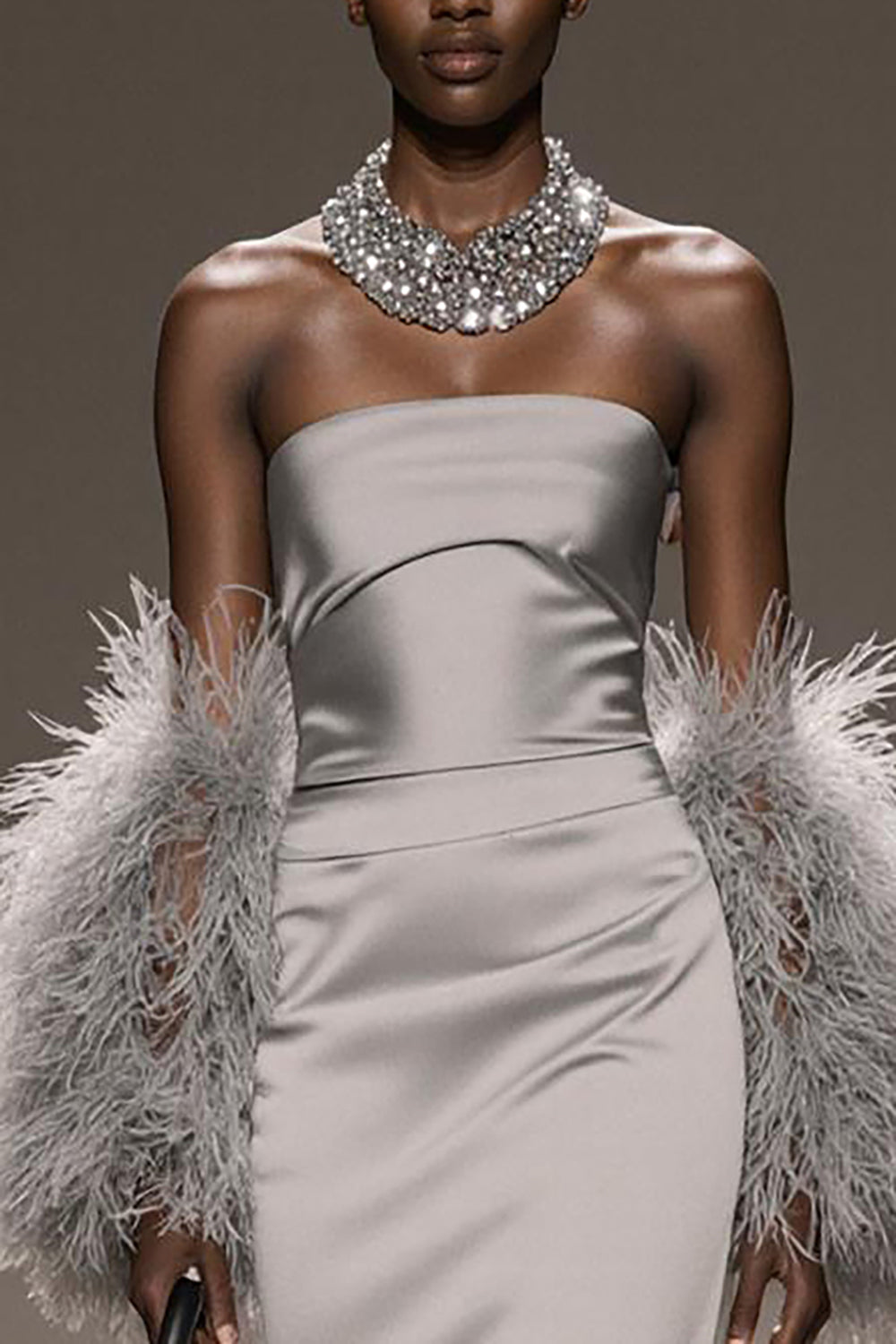 Silver Strapless Mermaid Long Satin Formal Dress with Slit