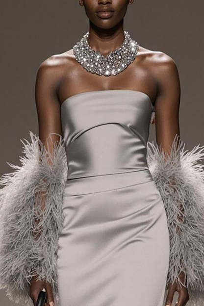 Silver Strapless Mermaid Long Satin Formal Dress with Slit