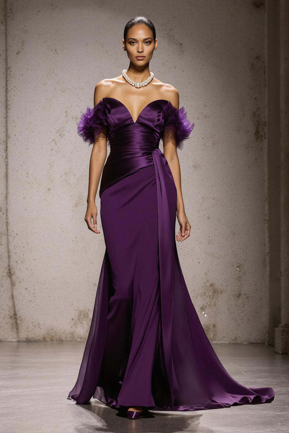 Leely Women Purple Satin Maxi Formal Dress with Feathers Off the Shoulder Mermaid Gala Dress