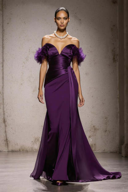 Leely Women Purple Satin Maxi Formal Dress with Feathers Off the Shoulder Mermaid Gala Dress