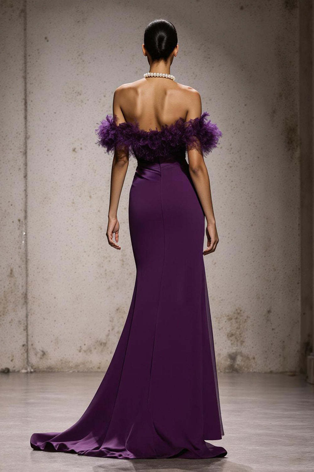 Purple Satin Off the Shoulder Mermaid Maxi Formal Dress with Feathers