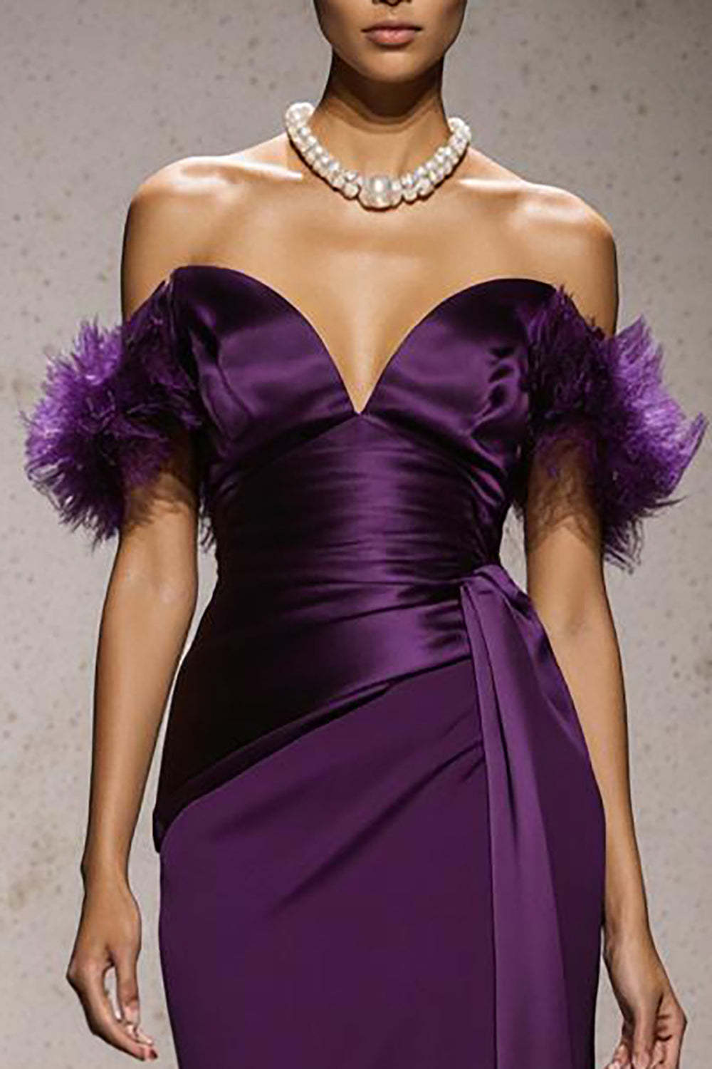 Purple Satin Off the Shoulder Mermaid Maxi Formal Dress with Feathers