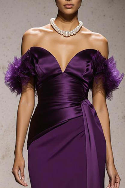 Purple Satin Off the Shoulder Mermaid Maxi Formal Dress with Feathers