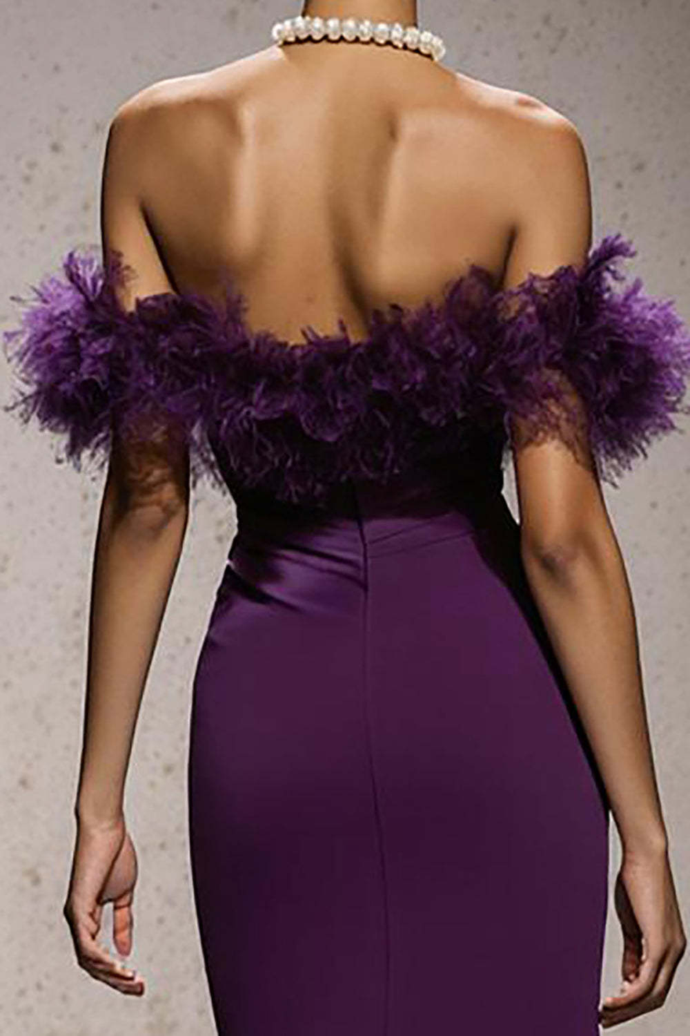 Purple Satin Off the Shoulder Mermaid Maxi Formal Dress with Feathers