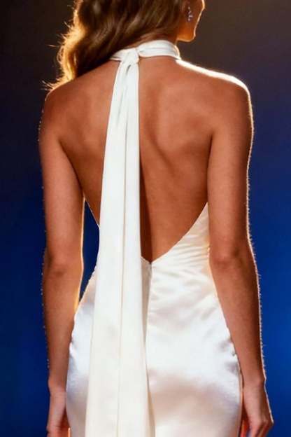 White Mermaid Halter Satin Maxi Pageant Dress with Cape