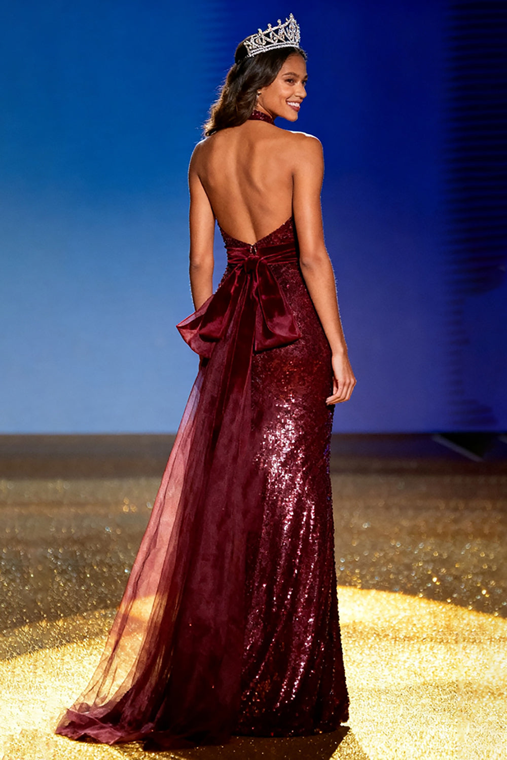 Sparkly Burgundy Sequin Mermaid Halter Long Pageant Dress with Bow