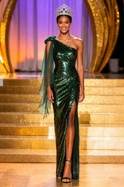Leely Women Sparkly Dark Green Long Sequin Pageant Dress with Slit One Shoulder Mermaid Gala Dress