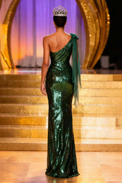 Sparkly Dark Green One Shoulder Sequin Long Pageant Dress with Slit