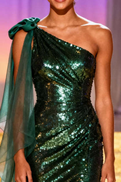 Sparkly Dark Green One Shoulder Sequin Long Pageant Dress with Slit