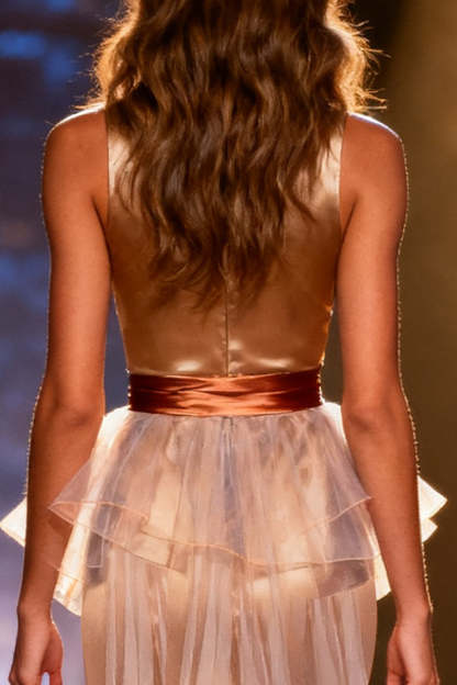 Champagne High Neck Mermaid Satin Long Pageant Dress with Cape