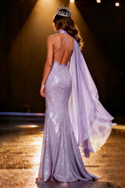 Sparkly Light Purple Sequin Halter Mermaid Maxi Pageant Dress