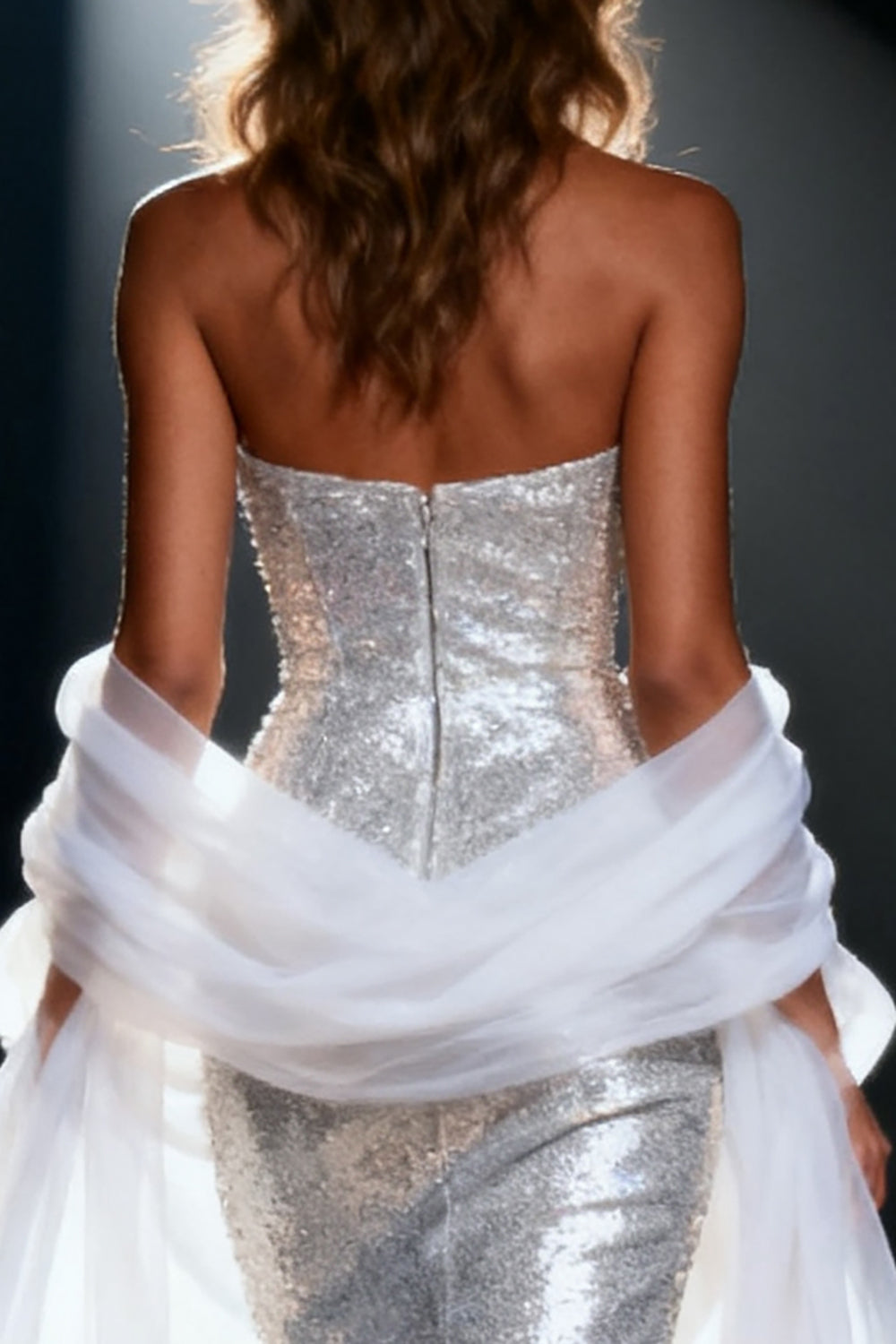 Sparkly Silver Sweetheart Mermaid Sequin Long Pageant Dress with Shawl