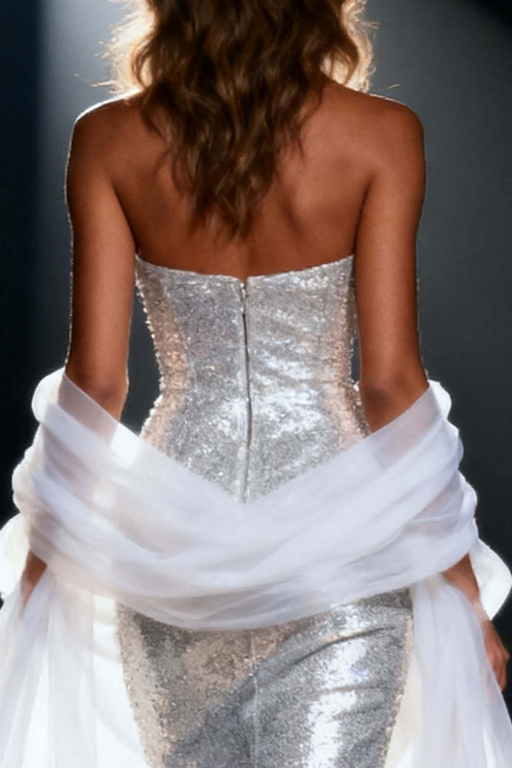 Sparkly Silver Sweetheart Mermaid Sequin Long Pageant Dress with Shawl