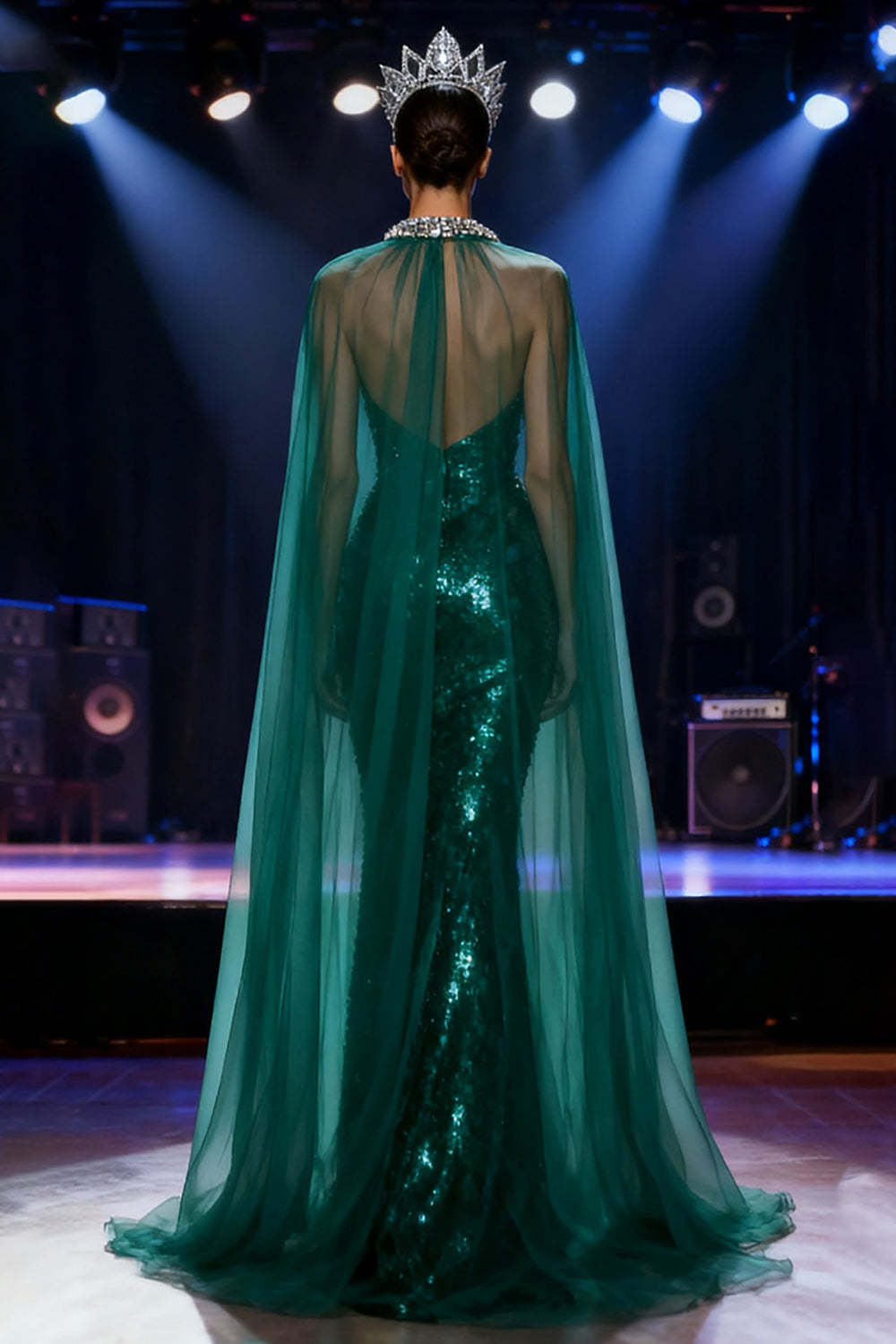 Sparkly Dark Green Mermaid Sequin Halter Long Pageant Dress with Cape