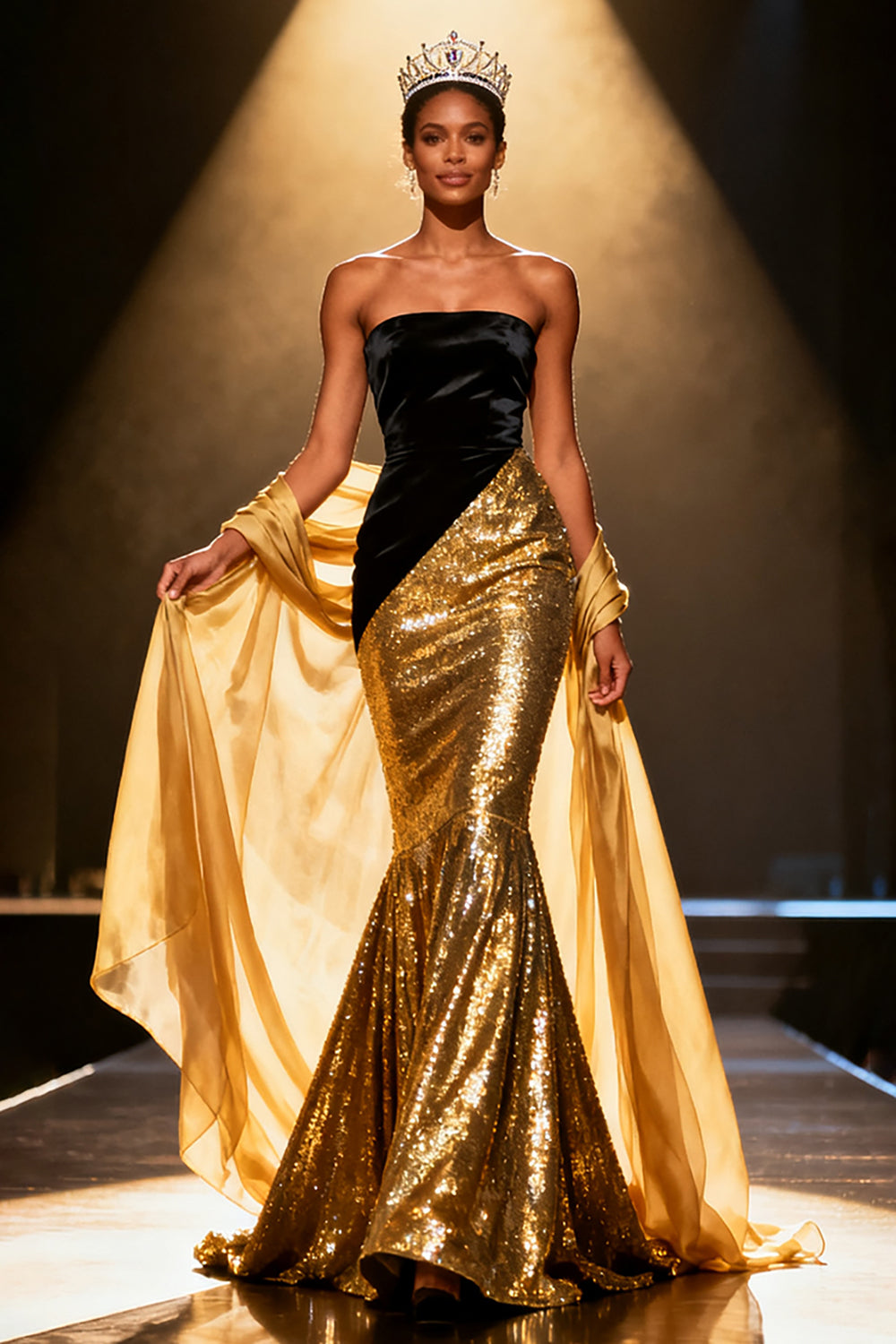 Sparkly Gold Mermaid Strapless Maxi Pageant Dress with Shawl
