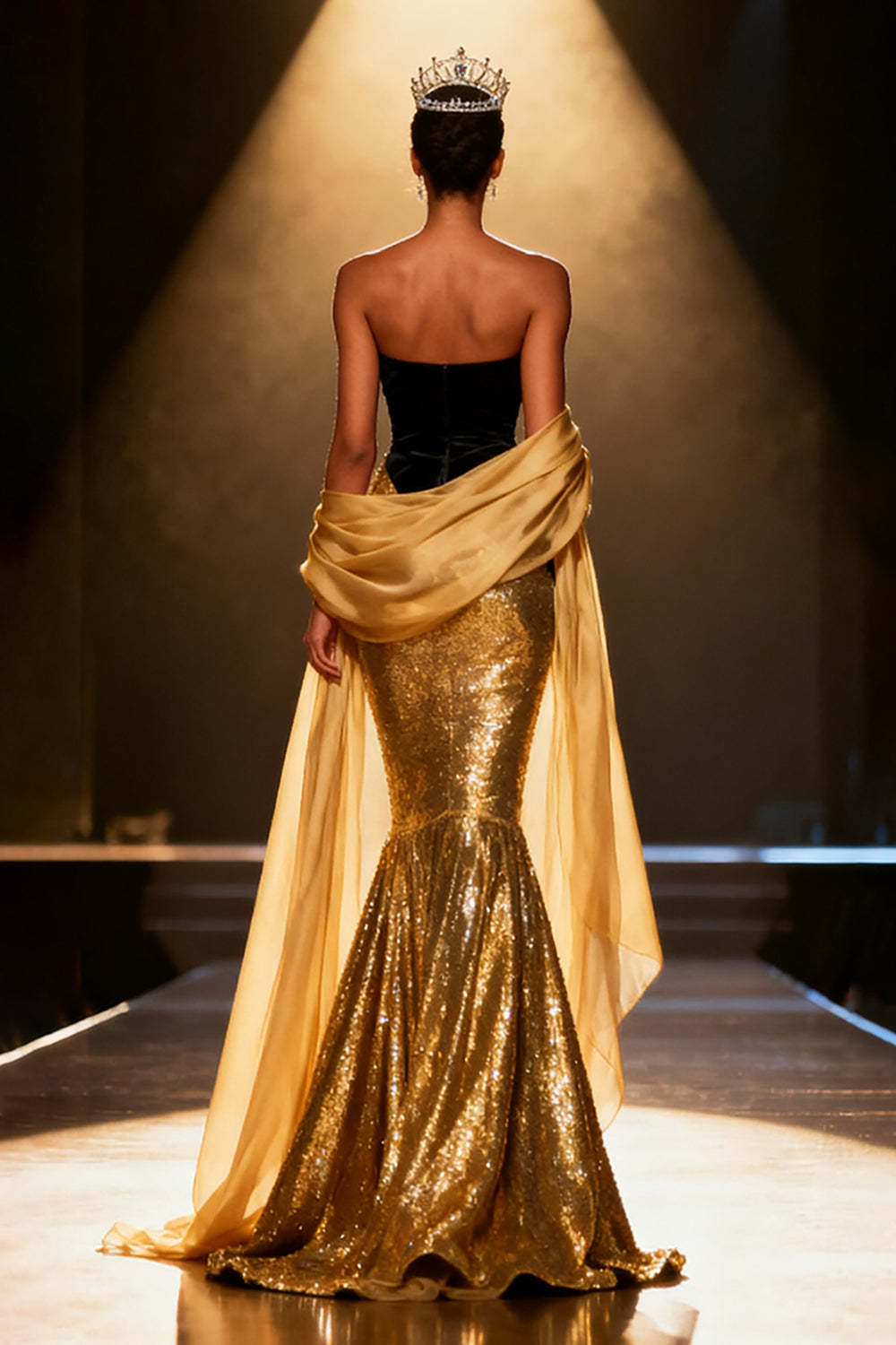 Sparkly Gold Mermaid Strapless Maxi Pageant Dress with Shawl