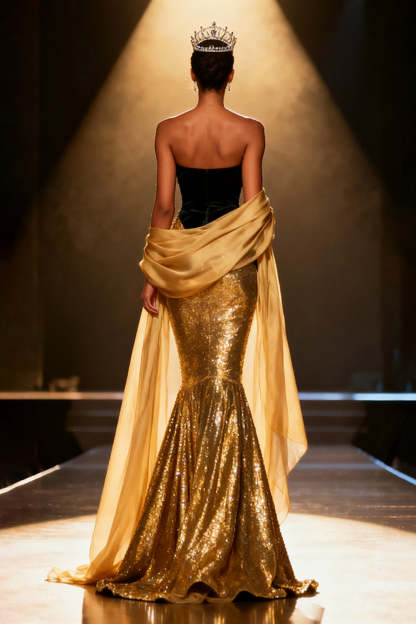 Sparkly Gold Mermaid Strapless Maxi Pageant Dress with Shawl