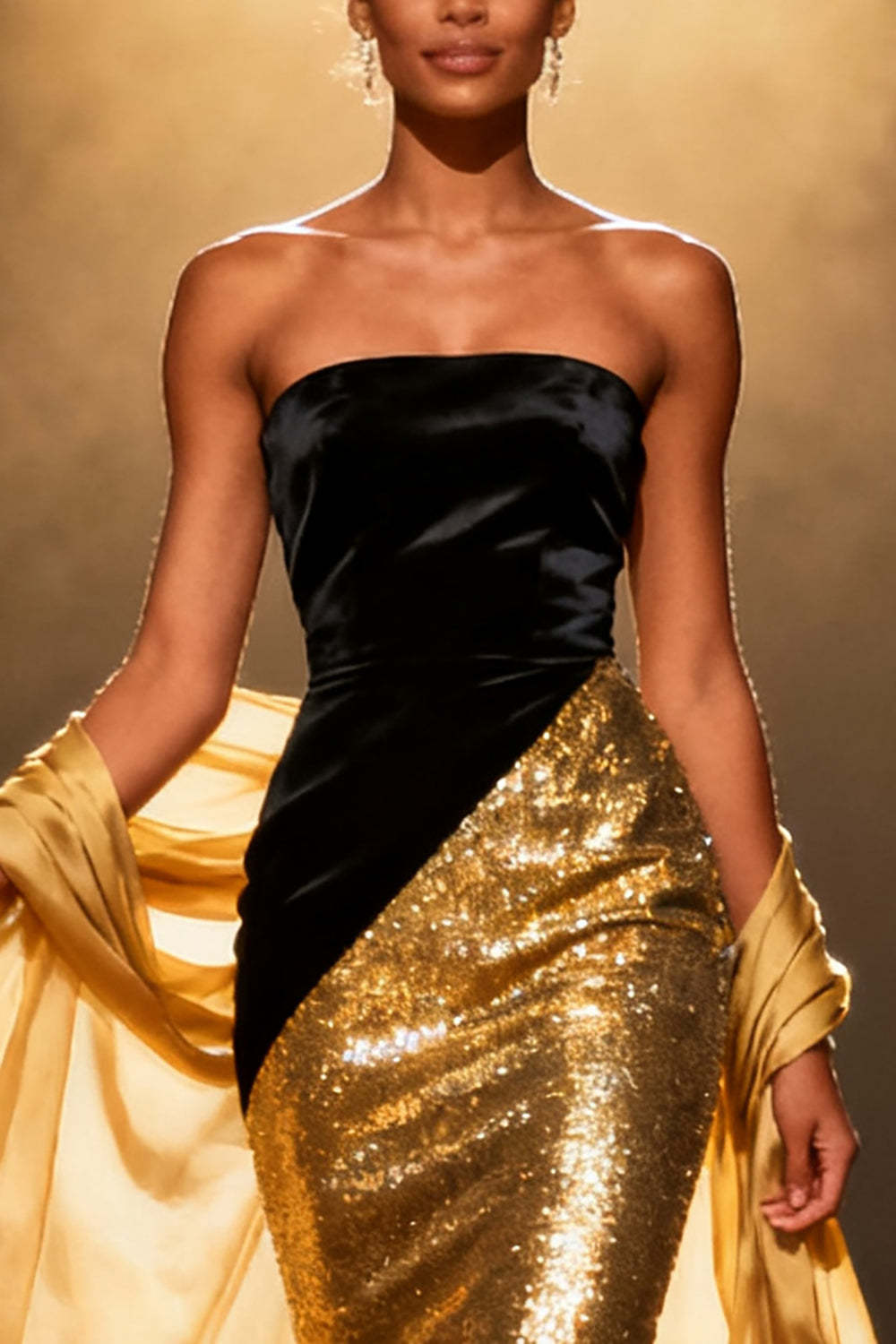 Sparkly Gold Mermaid Strapless Maxi Pageant Dress with Shawl