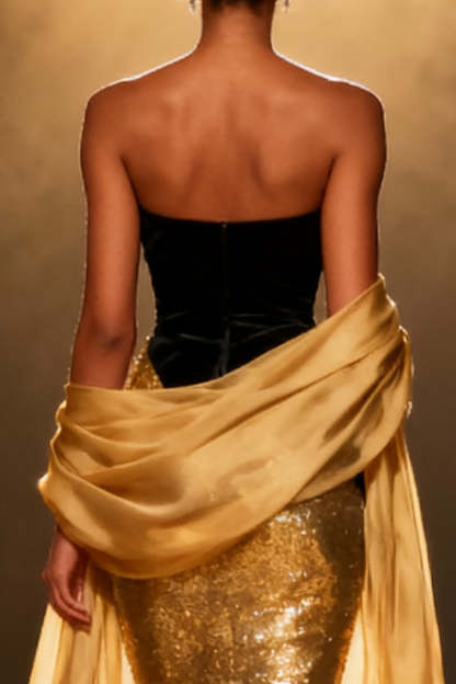 Sparkly Gold Mermaid Strapless Maxi Pageant Dress with Shawl