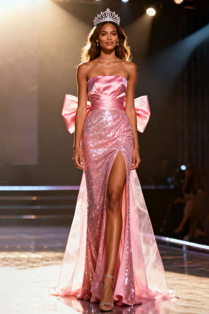Leely Women Sparkly Light Pink Long Sequin Pageant Dress with Bow Mermaid Strapless Prom Dress with Slit