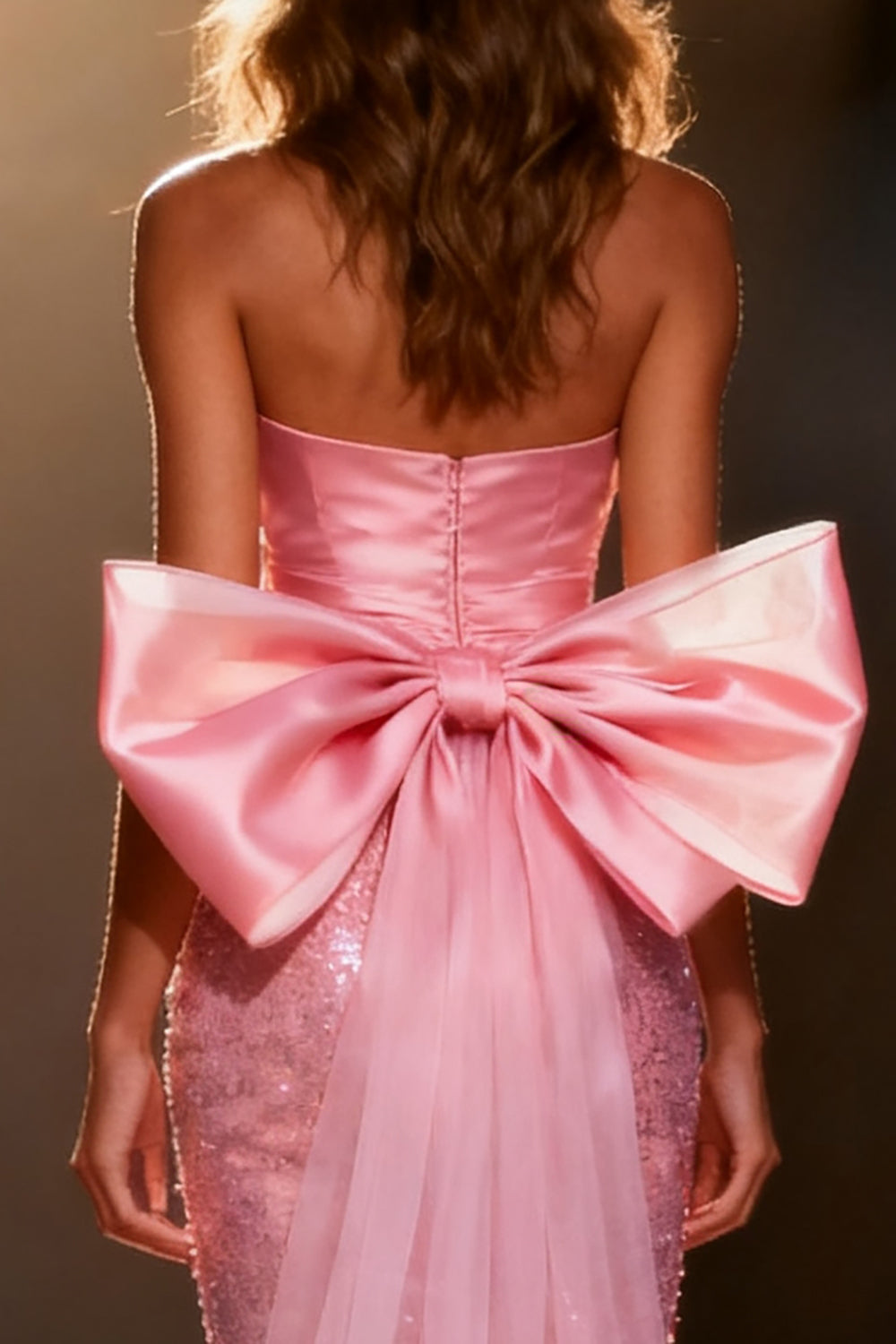 Sparkly Light Pink Mermaid Sequin Long Pageant Dress with Bow