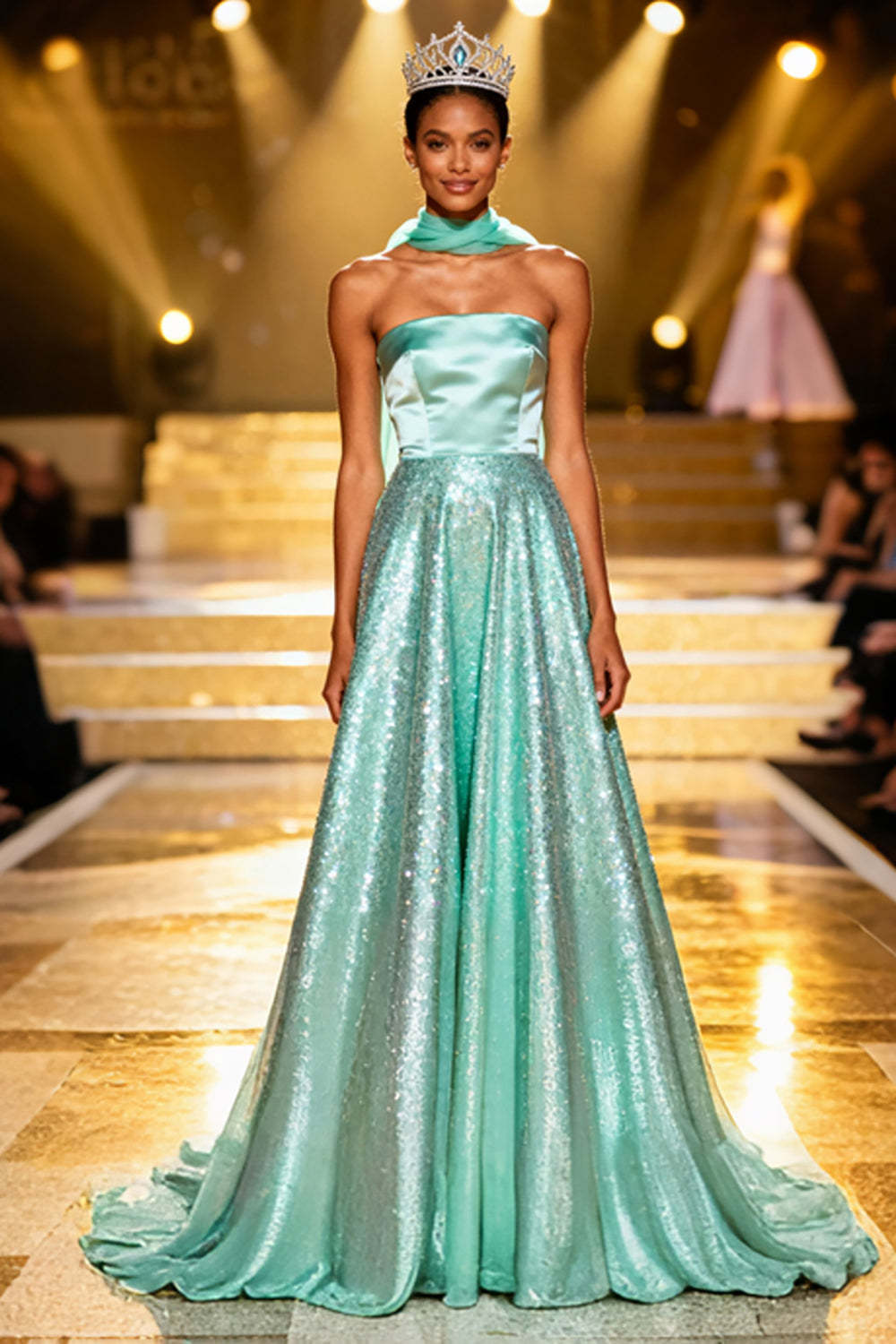 Leely Women Sparkly Sequin Mint Green Long Pageant Dress A Line Strapless Prom Dress